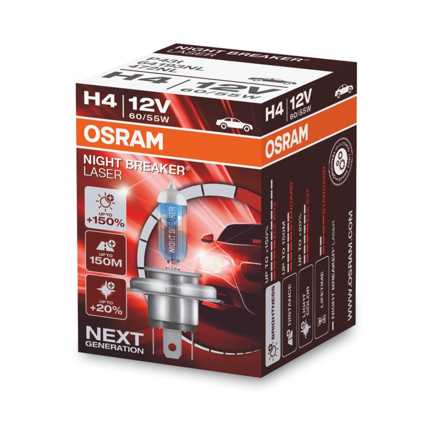OSRAM Night Breaker Laser H4 - Lampadina Alogena 60/55W, 150% di Luce, 12V, 4200K, Omologata per Uso Stradale