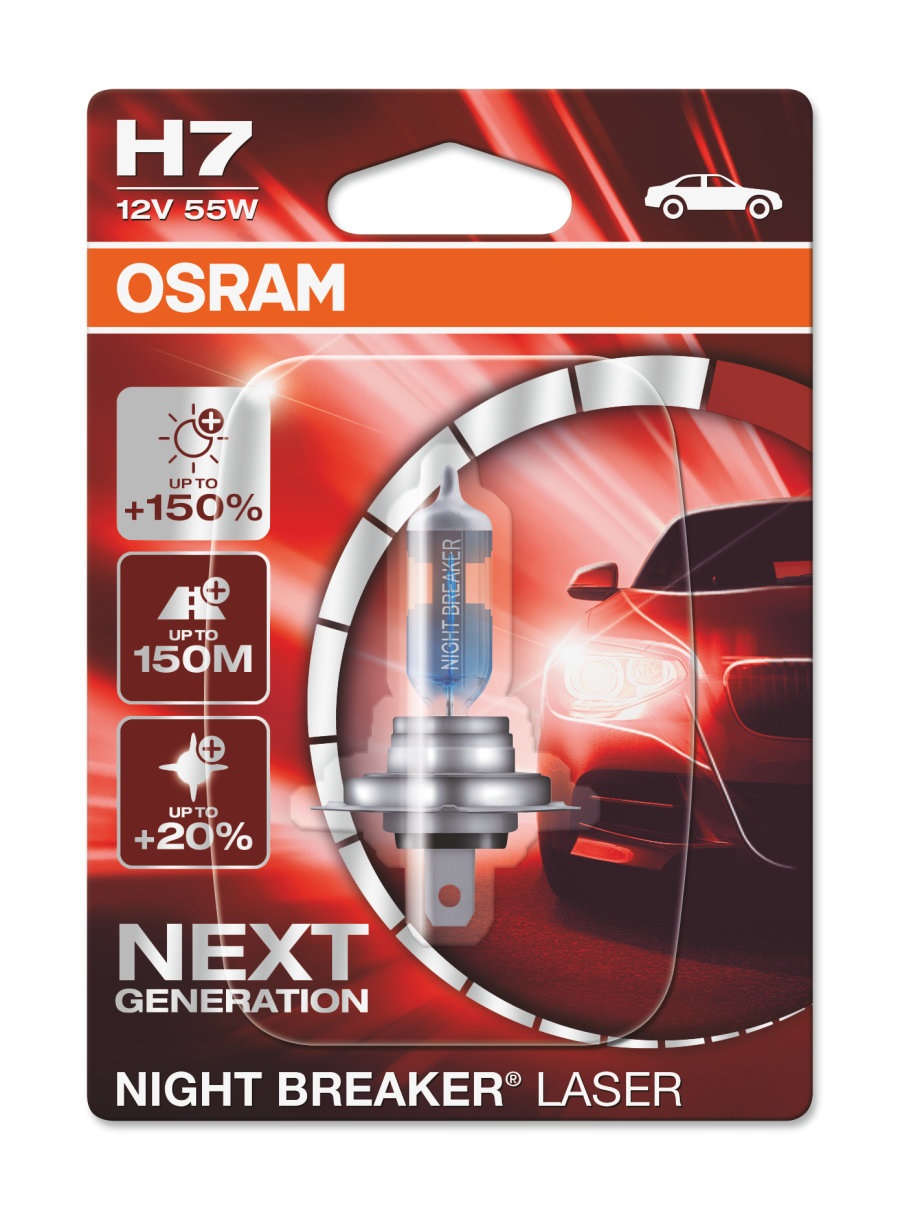 OSRAM Night Breaker Laser H7 - Lampadina alogena 12V, 55W, 150% di luminosità, scatola pieghevole