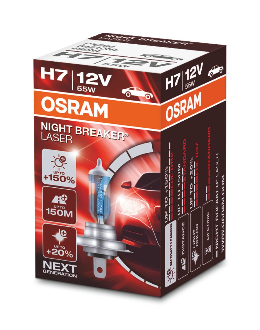 OSRAM Night Breaker Laser H7 - Lampadina alogena 12V, 55W, 150% di luminosità, scatola pieghevole