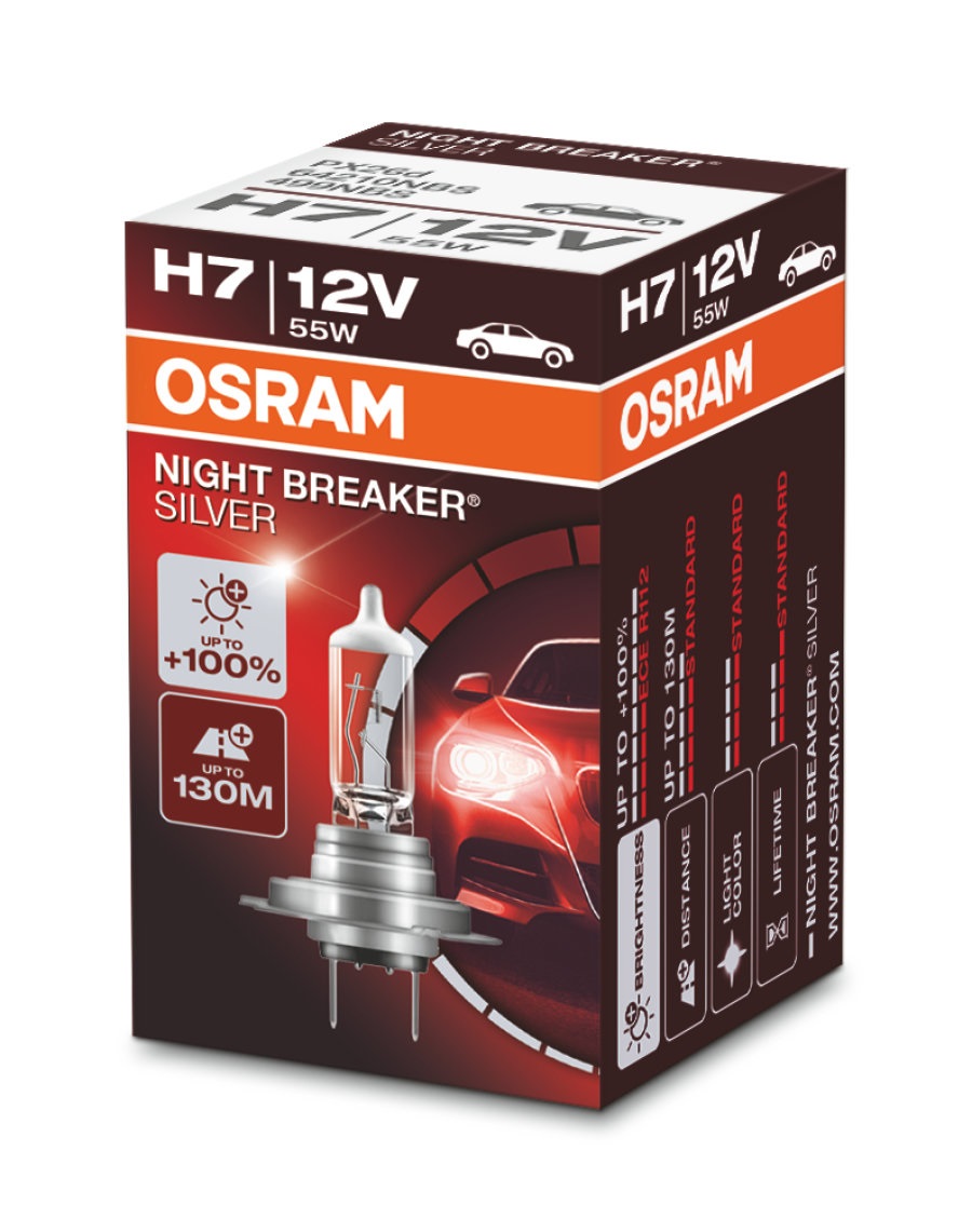 OSRAM NIGHT BREAKER SILVER H7 - Lampadina alogena 12V con fino al 100% di luce in più e durata ottimizzata