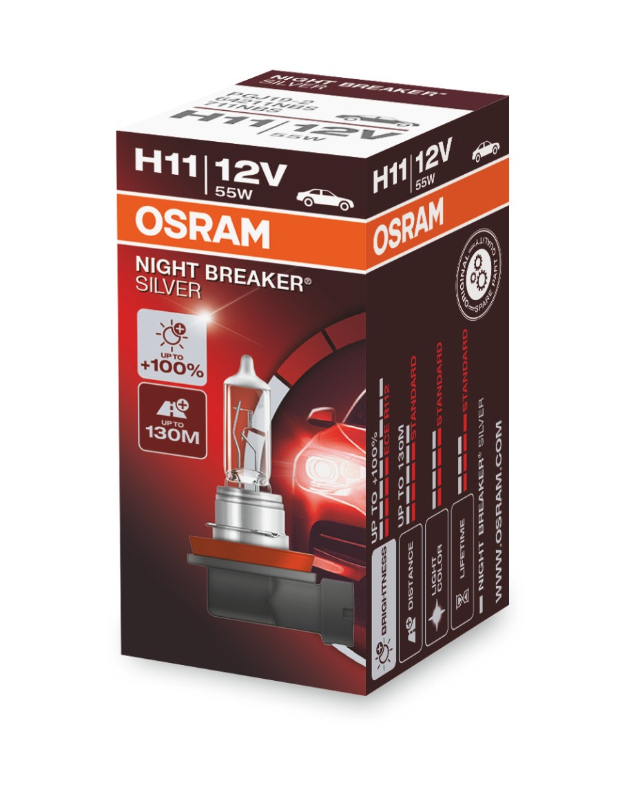 Osram H11 Night Breaker Silver - Lampadina Alogena 12V, 55W, 100% di Luce, 1 Pezzo