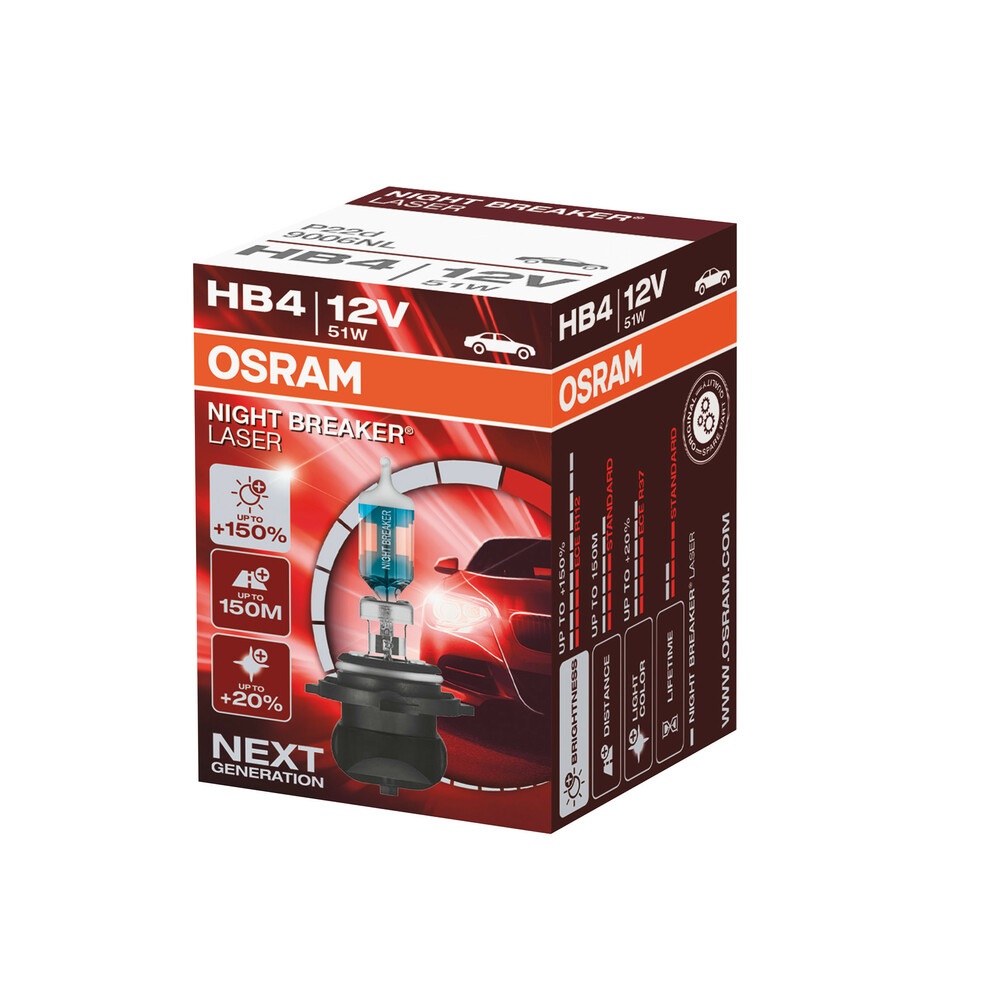OSRAM Night Breaker Laser HB4 9006NL - Lampadina Alogena 12V, 51W, 150% di Luce
