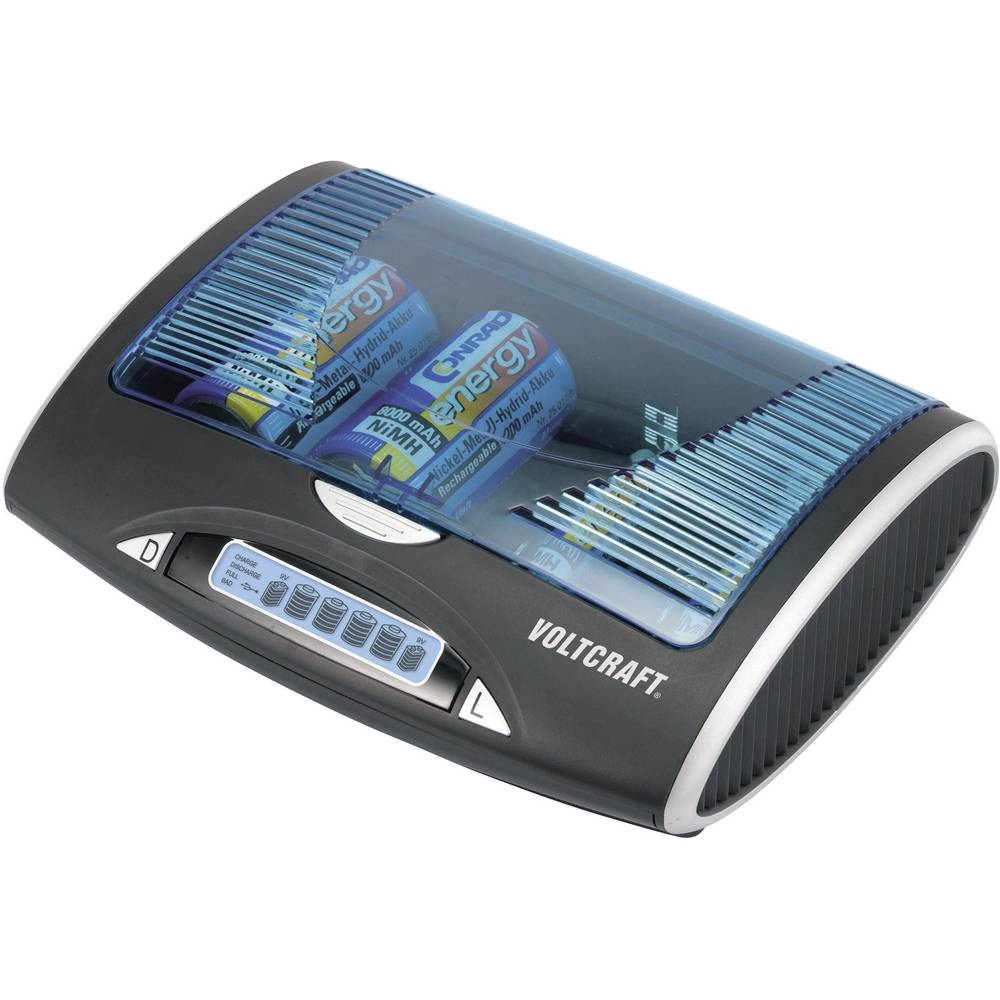 VOLTCRAFT P-600 Caricabatterie Universale per Batterie NiMH AAA, AA, C, D e 9V con Uscita USB e Display LC