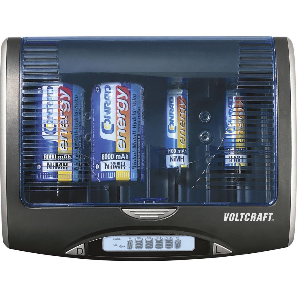 VOLTCRAFT P-600 Caricabatterie Universale per Batterie NiMH AAA, AA, C, D e 9V con Uscita USB e Display LC