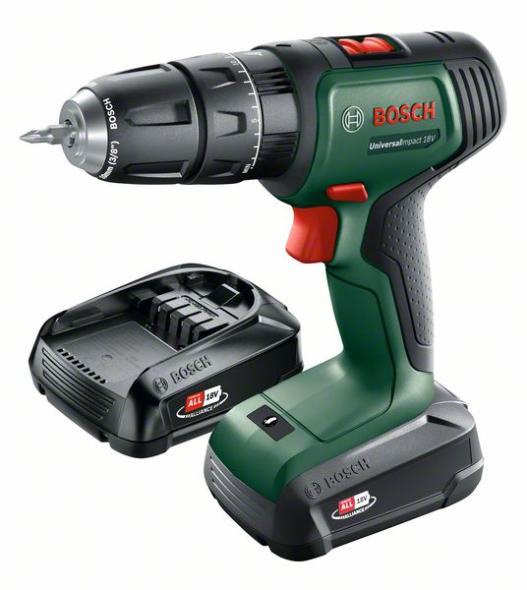 Bosch UniversalImpact 18V Trapano Battente-Avvitatore a Batteria con 2 Batterie e Mandrino 10 mm, 1450 Giri/min, 34 Nm, 1,3 kg