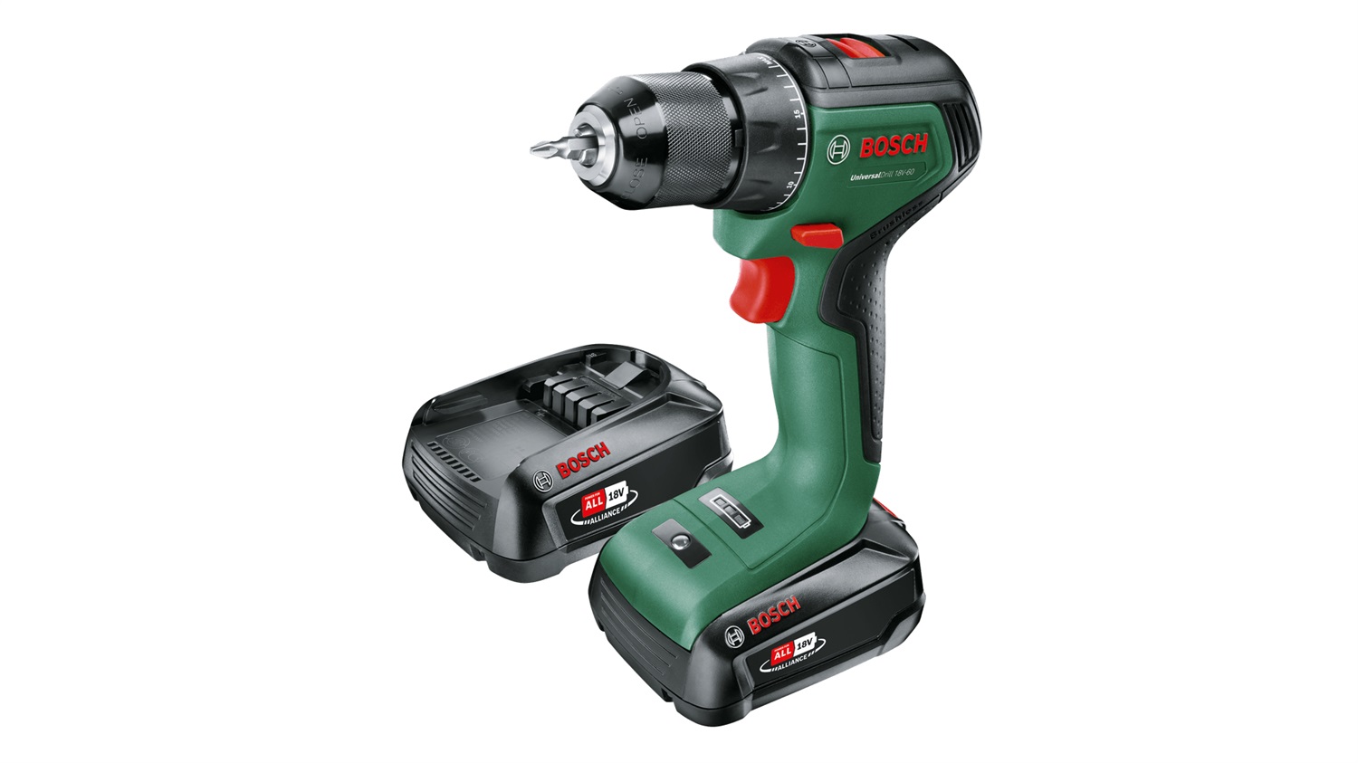 Bosch Trapano Avvitatore a Batteria UniversalDrill 18V-60 con 2 Batterie da 2,0 Ah, Valigetta Inclusa, 1900 Giri/min, Senza Chiave, 1,3 kg