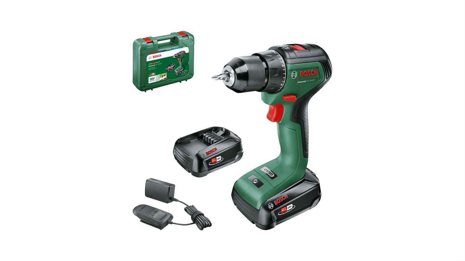 Bosch Trapano Avvitatore a Batteria UniversalDrill 18V-60 con 2 Batterie da 2,0 Ah, Valigetta Inclusa, 1900 Giri/min, Senza Chiave, 1,3 kg