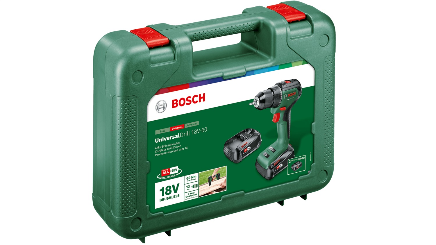 Bosch Trapano Avvitatore a Batteria UniversalDrill 18V-60 con 2 Batterie da 2,0 Ah, Valigetta Inclusa, 1900 Giri/min, Senza Chiave, 1,3 kg