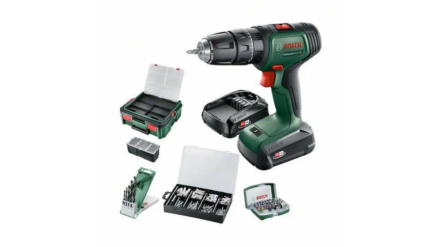 Bosch UniversalImpact 18 - Avvitatore a percussione a batteria 18V con 2 batterie da 1,5 Ah, caricabatteria e set di punte e tasselli