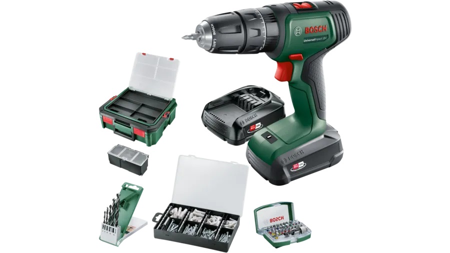 Bosch UniversalImpact 18 - Avvitatore a percussione a batteria 18V con 2 batterie da 1,5 Ah, caricabatteria e set di punte e tasselli
