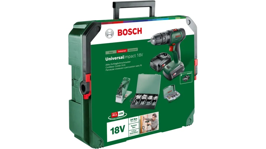 Bosch UniversalImpact 18 - Avvitatore a percussione a batteria 18V con 2 batterie da 1,5 Ah, caricabatteria e set di punte e tasselli