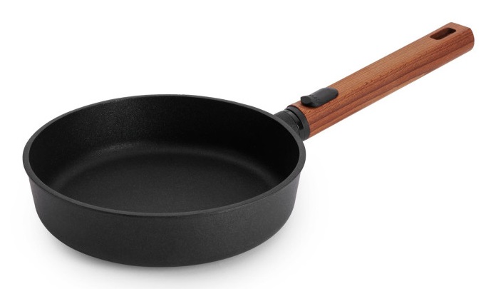 Woll Eco Logic QXR - Padella piatta in ghisa induttiva 20 cm con manico rimovibile in legno, senza PFAS
