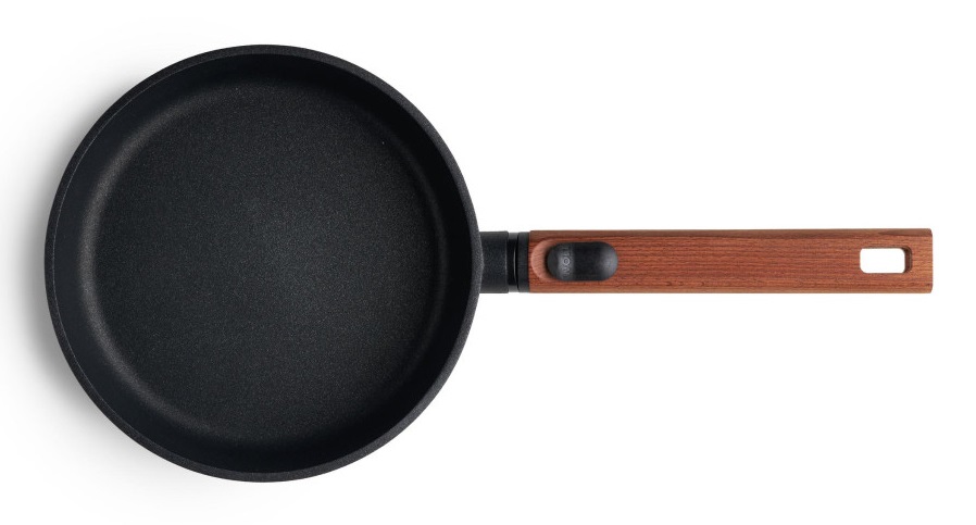 Woll Eco Logic QXR - Padella piatta in ghisa induttiva 20 cm con manico rimovibile in legno, senza PFAS