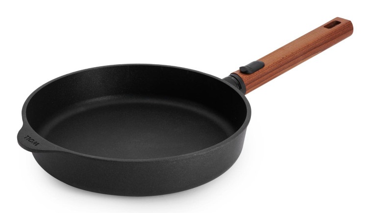 Woll Eco Logic QXR - Padella piatta in ghisa induttiva Ø 24 cm con manico in legno rimovibile, senza PFAS