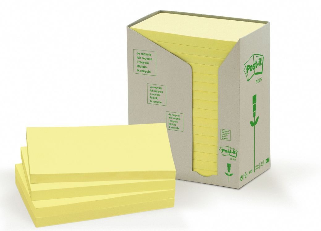 Post-it® Foglietti Autoadesivi Giallo 76x127mm - Carta Riciclata 100% - 16 Blocchetti da 100 Fogli