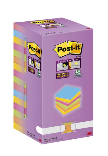 Post-it® Super Sticky Color Notes - Foglietti riposizionabili 76x76 mm, 16 blocchetti da 90 fogli, colori assortiti