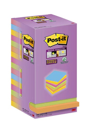 Post-it® Super Sticky Color Notes - Foglietti riposizionabili 76x76 mm, 16 blocchetti da 90 fogli, colori assortiti