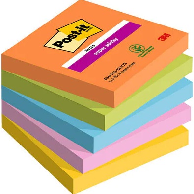 Post-it® Super Sticky Boost - Blocchetti da 90 Foglietti 76x76 mm, Confezione da 5, Colori Assortiti: Arancione, Verde Lime, Blu Paradiso, Rosa Tropicale, Giallo Sole