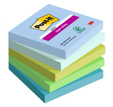 Post-it® Super Sticky Foglietti 654-5SS-OAS, Collezione Oasis, 76x76 mm, 90 Fogli per Blocco, Confezione da 5 Blocchetti, Colori Assortiti Blu Jeans e Verde