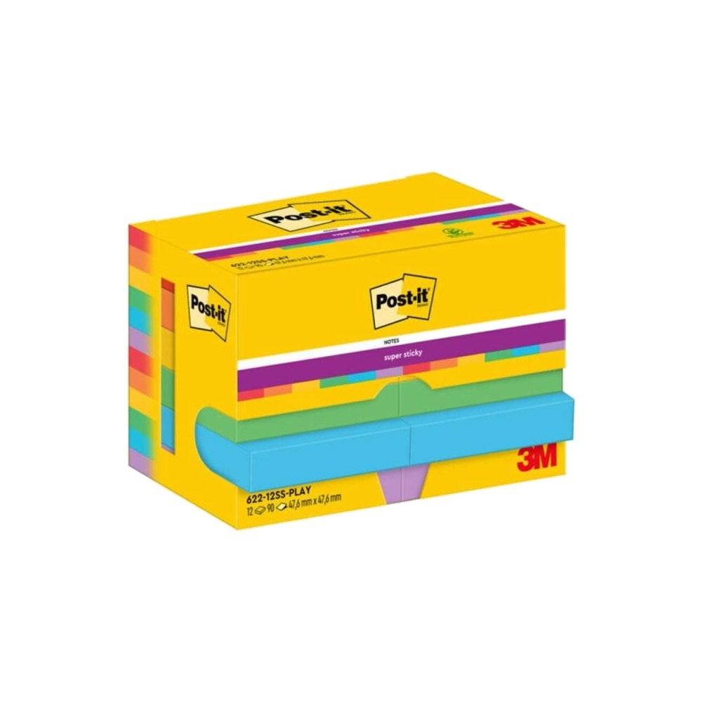 Post-it Super Sticky Playful - Blocchetti da 90 foglietti (47,6x47,6 mm) in assortimento colori: Blu, Arancio, Rosso, Giallo, Verde - Conf. 12