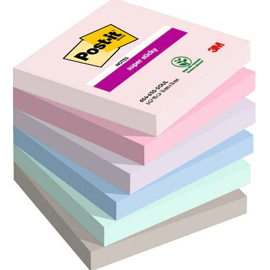 Post-it® Super Sticky Soulful - 76 x 76 mm - Confezione da 6 blocchetti da 90 fogli - Colori: Rosa Sale, Rosa Fenicottero, Lavanda, Blu Jeans, Verde Menta