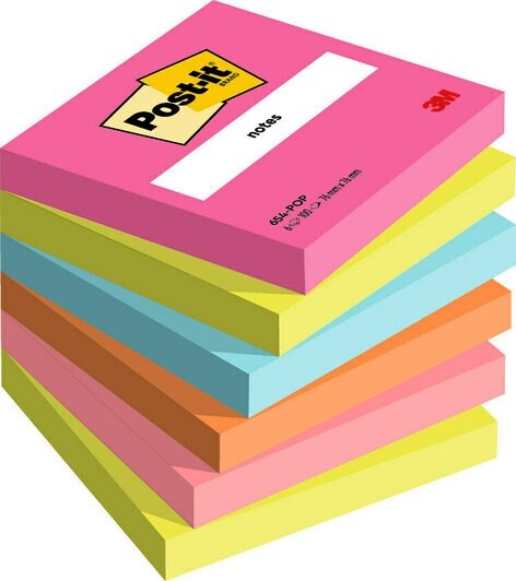Post-it® 654-POP Foglietti Adesivi Multicolore 76x76 mm - 100 Fogli per Blocco - Confezione da 6 Blocchetti