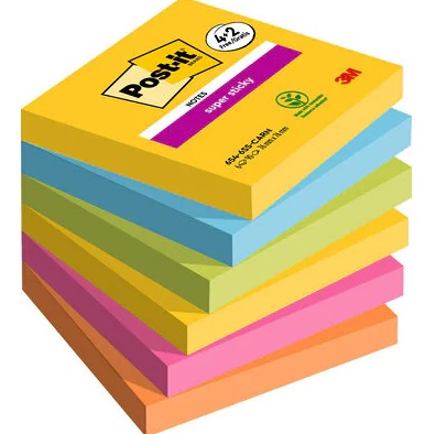Post-it Super Sticky Carnival - Blocchetti da 76x76 mm, 90 fogli, Confezione da 6, Colori Assortiti (Giallo, Azzurro, Verde, Rosa, Arancione)