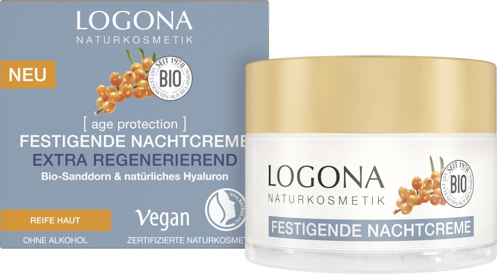 Logona Crema Notte Rassodante Age Protection 50 ml - Formula Vegana con Olivello Spinoso, Acido Ialuronico e Alghe Brune