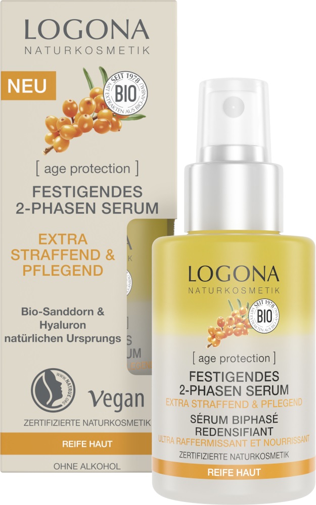 LOGONA Siero Viso Anti-Invecchiamento 30 ml - Vegano, Rinforzante, 2 Fasi con Acido Ialuronico e Olivello Spinoso Biologico
