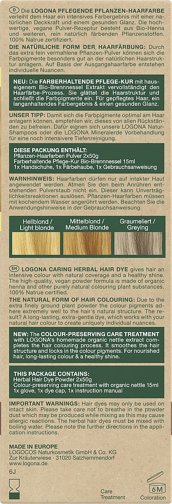 Logona Colorante Vegetale per Capelli Biondo Dorato in Polvere - 100 g con Henné Biologico, Vegano e Nutriente