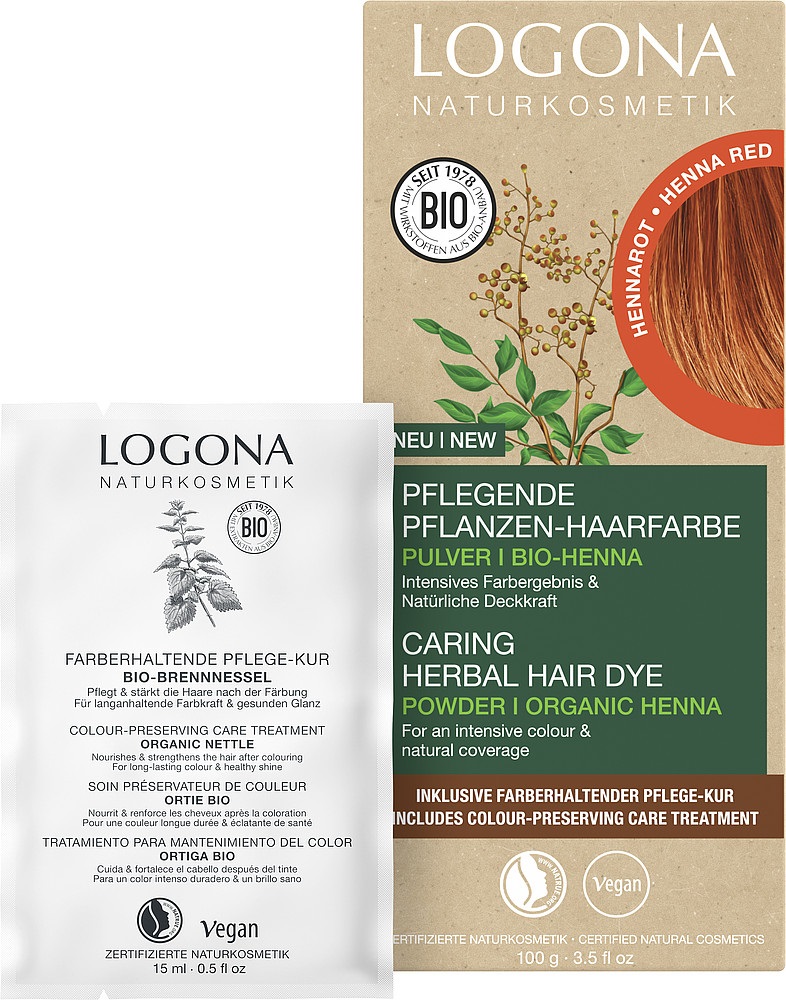 LOGONA Colorante Vegetale per Capelli in Polvere - Rosso Henné Biologico 100 g, Vegano e Nutriente