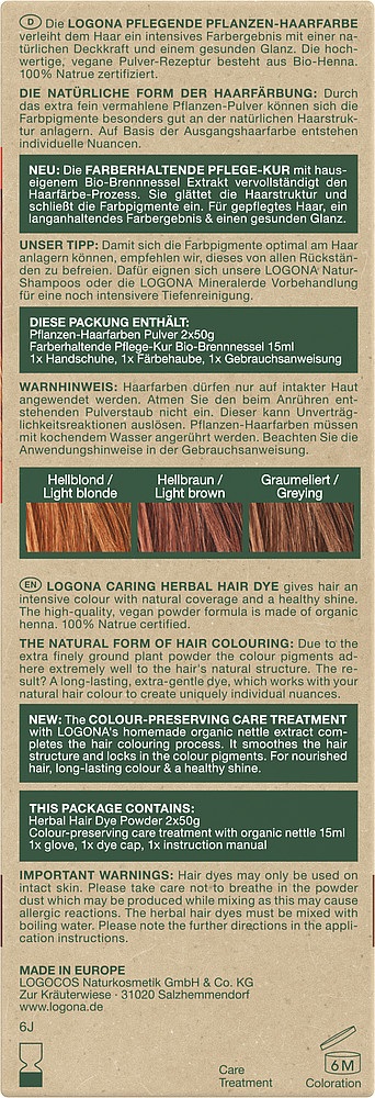 LOGONA Colorante Vegetale per Capelli in Polvere - Rosso Henné Biologico 100 g, Vegano e Nutriente