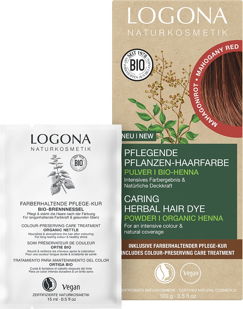 LOGONA Colorante Vegetale Mogano (Rosso Mogano) 100 g con 15 ml di Trattamento