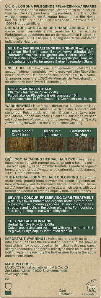 Logona Tinta per Capelli Vegetale Nutriente Marrone Ambrato 100 g - Colore Intenso e Lucentezza Sana