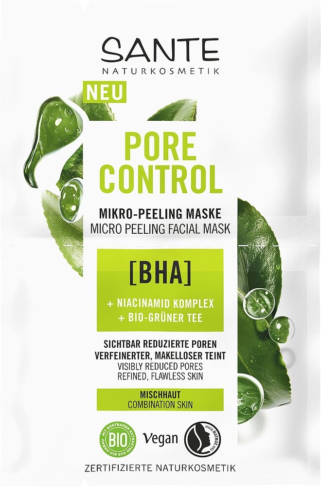 SANTE Maschera Viso Micro Peeling Pore Control con BHA e Tè Verde Biologico - 8 ml per Pelli Miste