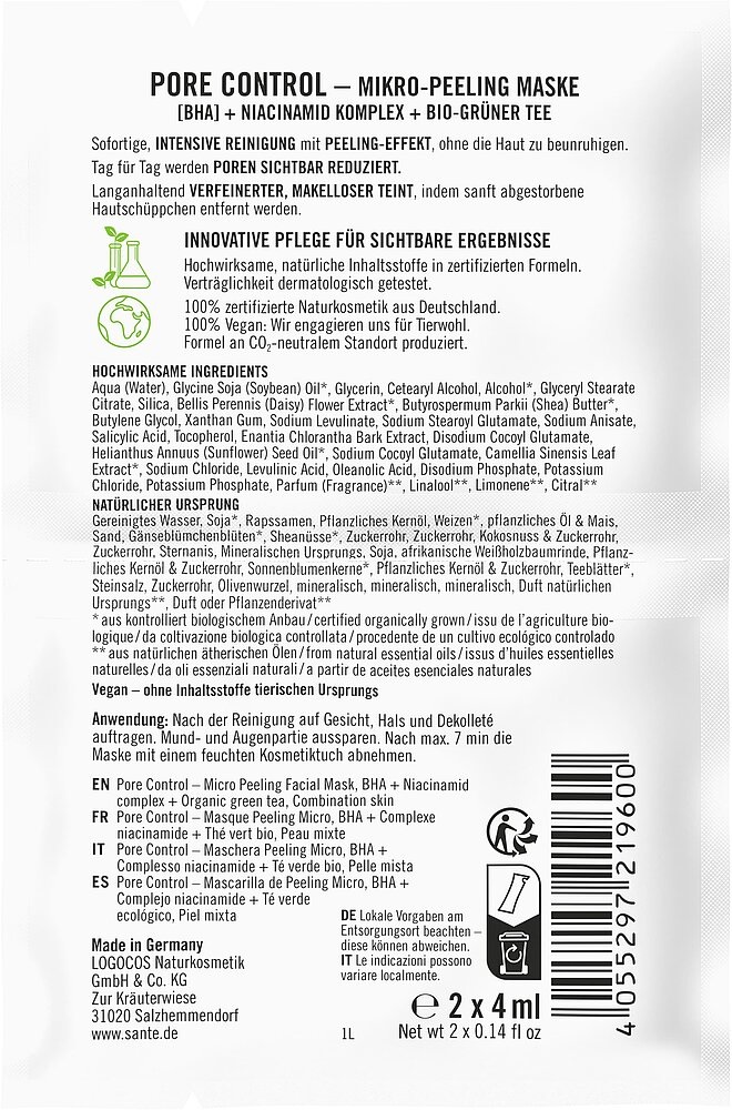 SANTE Maschera Viso Micro Peeling Pore Control con BHA e Tè Verde Biologico - 8 ml per Pelli Miste