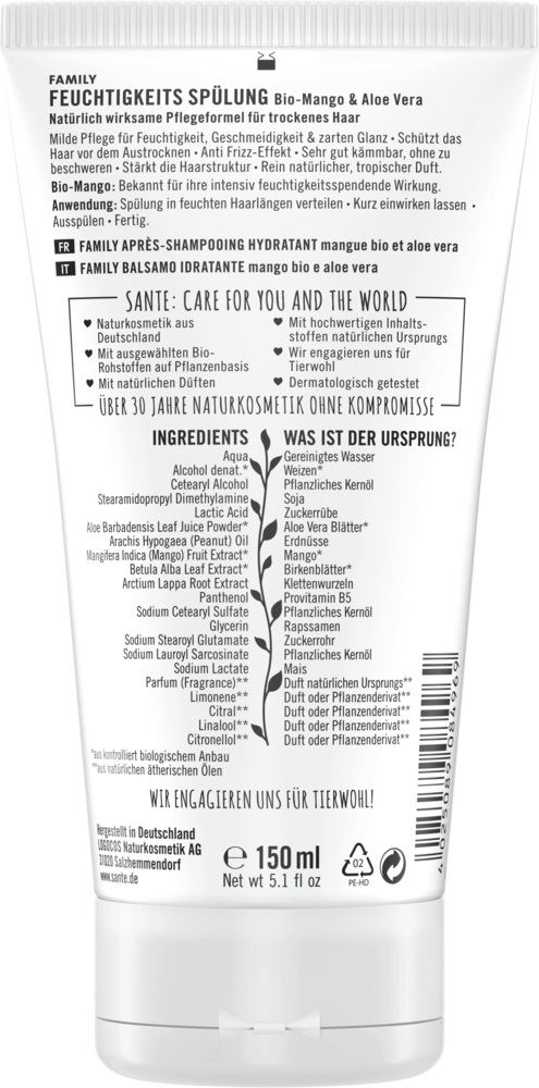 Sante Naturkosmetik Balsamo Intense Hydration 150 ml - Idratazione Intensa con Aloe Vera e Mango, Formula Vegana