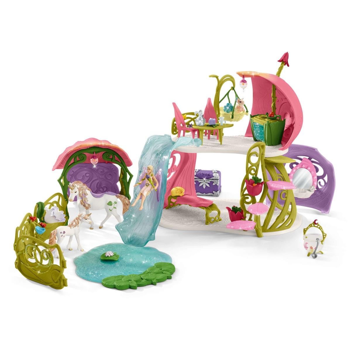 Schleich Bayala 42445 Set da Gioco Casa dei Fiori Scintillanti con Unicorno, Laghetto e Stalla - Plastica Educativa e Creativa