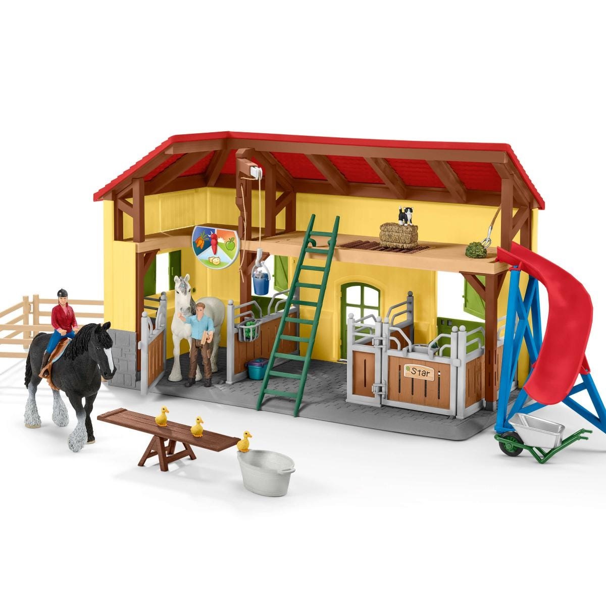 Schleich FARM WORLD 42485 - Set da Gioco Stabile con 7 Animali, 2 Box per Cavalli e Accessori