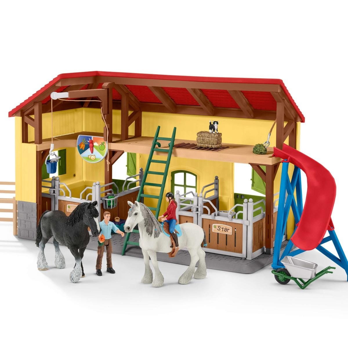 Schleich FARM WORLD 42485 - Set da Gioco Stabile con 7 Animali, 2 Box per Cavalli e Accessori