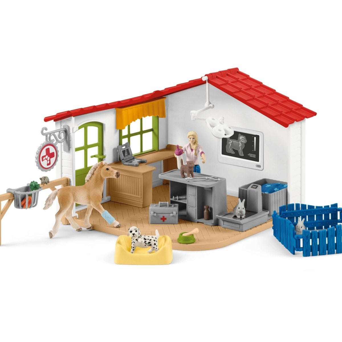 Schleich 42502 Clinica Veterinaria con Animali - Set da Gioco Educativo per Bambini 3-8 Anni, 27 Pezzi, Multicolore