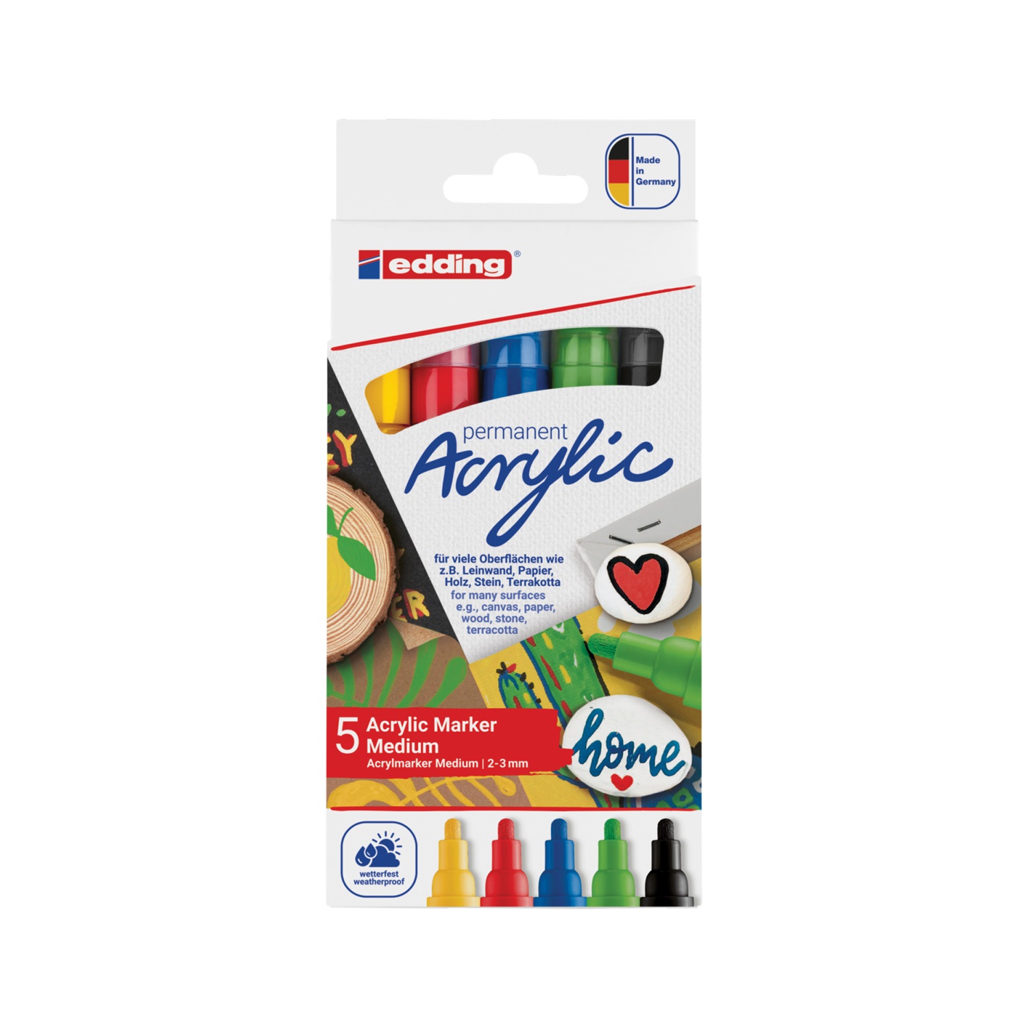 Edding 5100 Marcatore Acrilico Punta Tonda 2-3 mm Tratto Medio - Colori Assortiti (Nero, Rosso, Blu, Giallo, Verde) - Confezione da 5