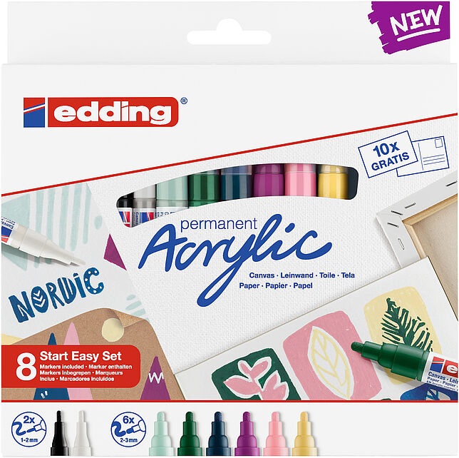 Edding Marcatori Acrilici Start Easy Set - 8 Colori Assortiti con Punte Tonde Fine e Media