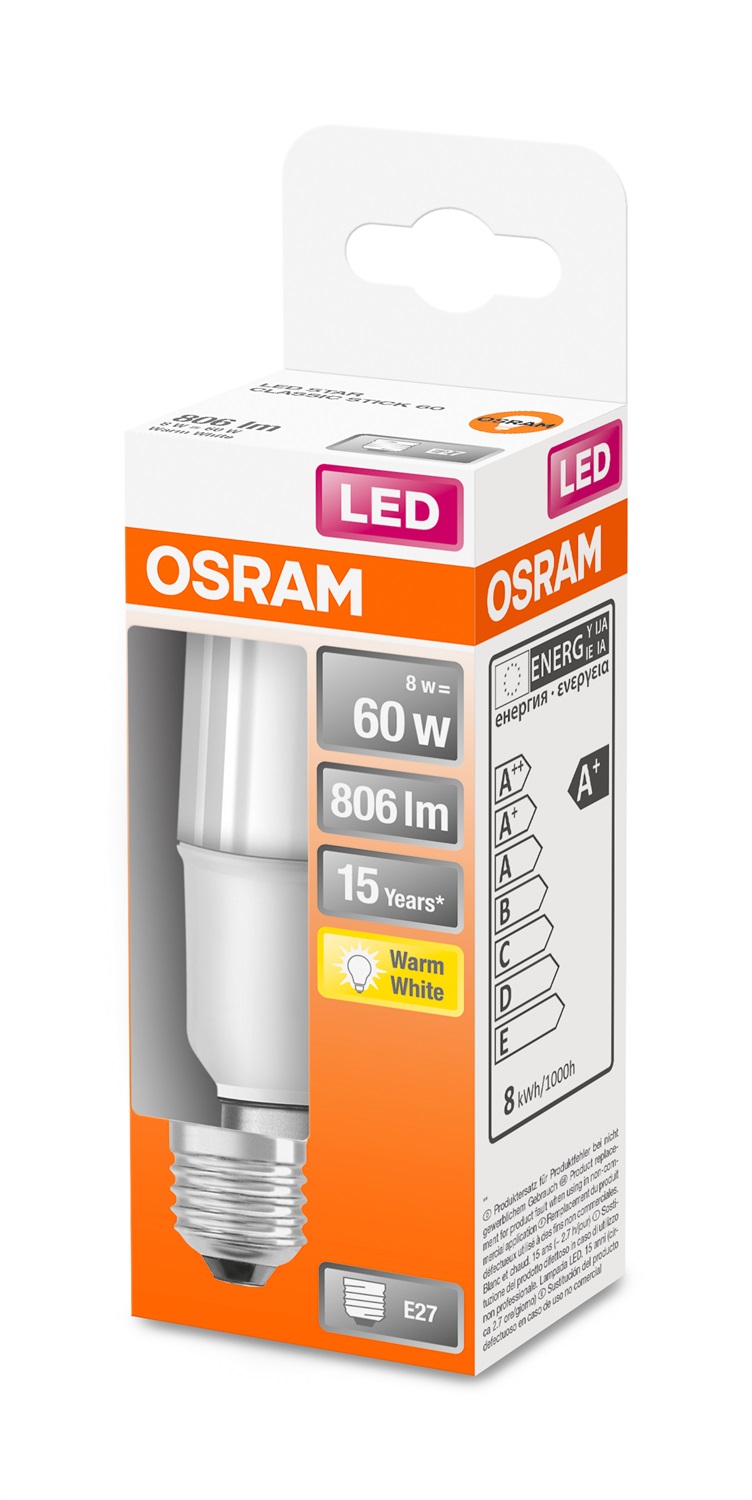 OSRAM STAR STICK Lampadina LED E27 8 W Bianco caldo 2700 K Opaco