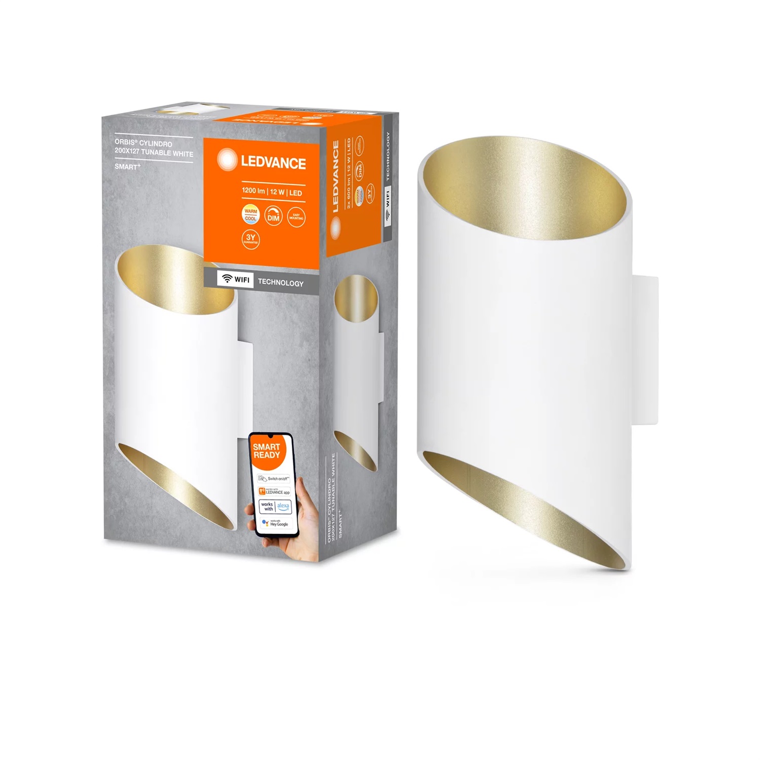 LEDVANCE ORBIS CYLINDRO SMART Lampada a Parete LED Dimmerabile Wi-Fi 12W, 600 Lumen, Temperatura Colore 3000-6500K, Design Cilindrico Nero/Rame
