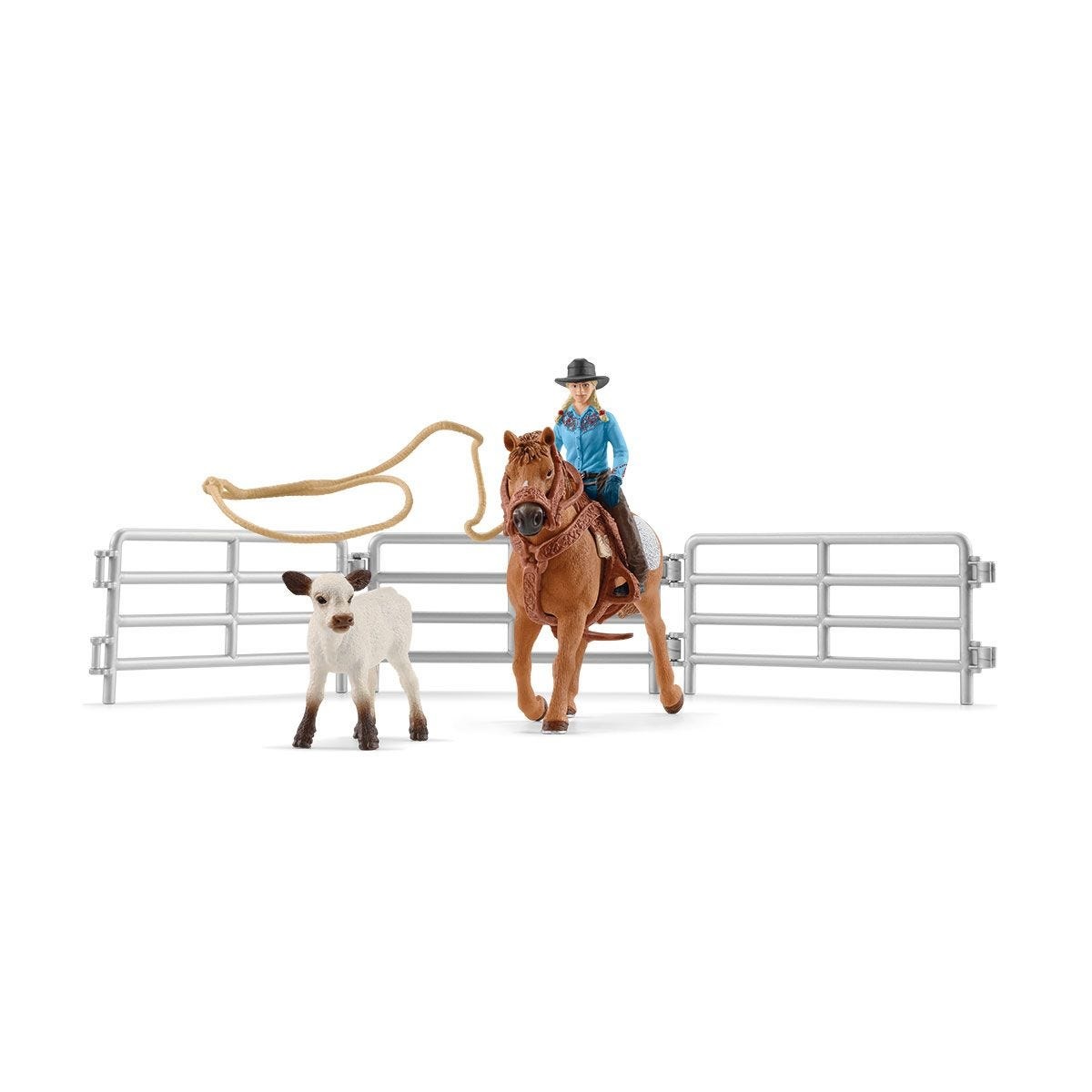 Schleich Cavallo da Rodeo con Cowgirl e Vitello - Gioco di Team Roping Realistico