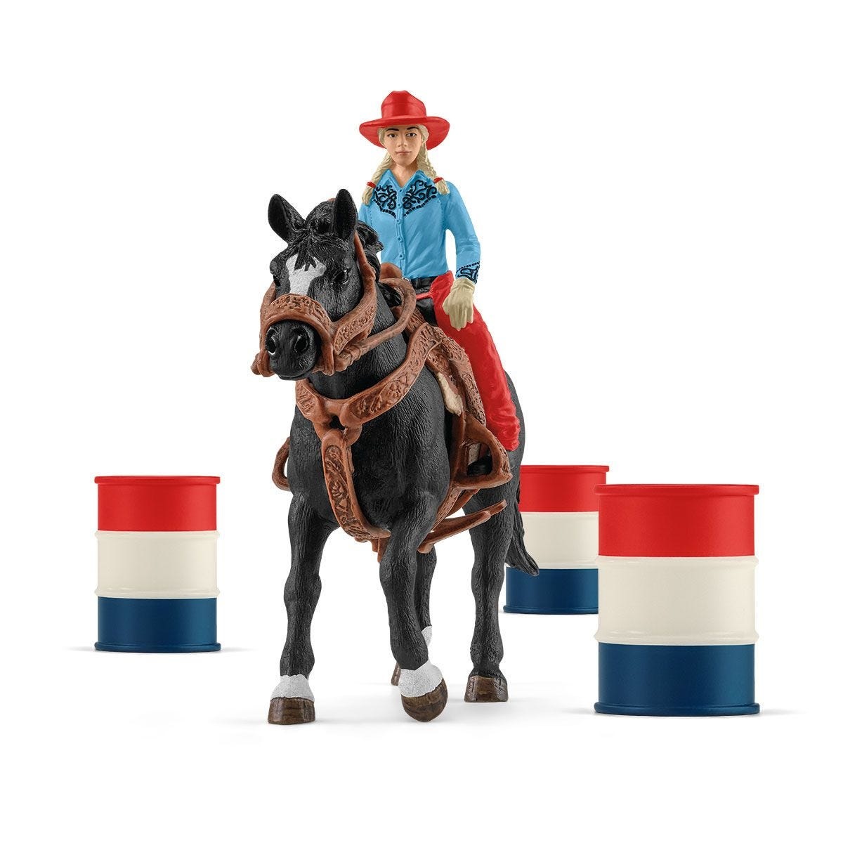Schleich Cavallo da Rodeo con Cowgirl - Set di Gioco Barrel Racing con Stallone Appaloosa, Barili e Accessori