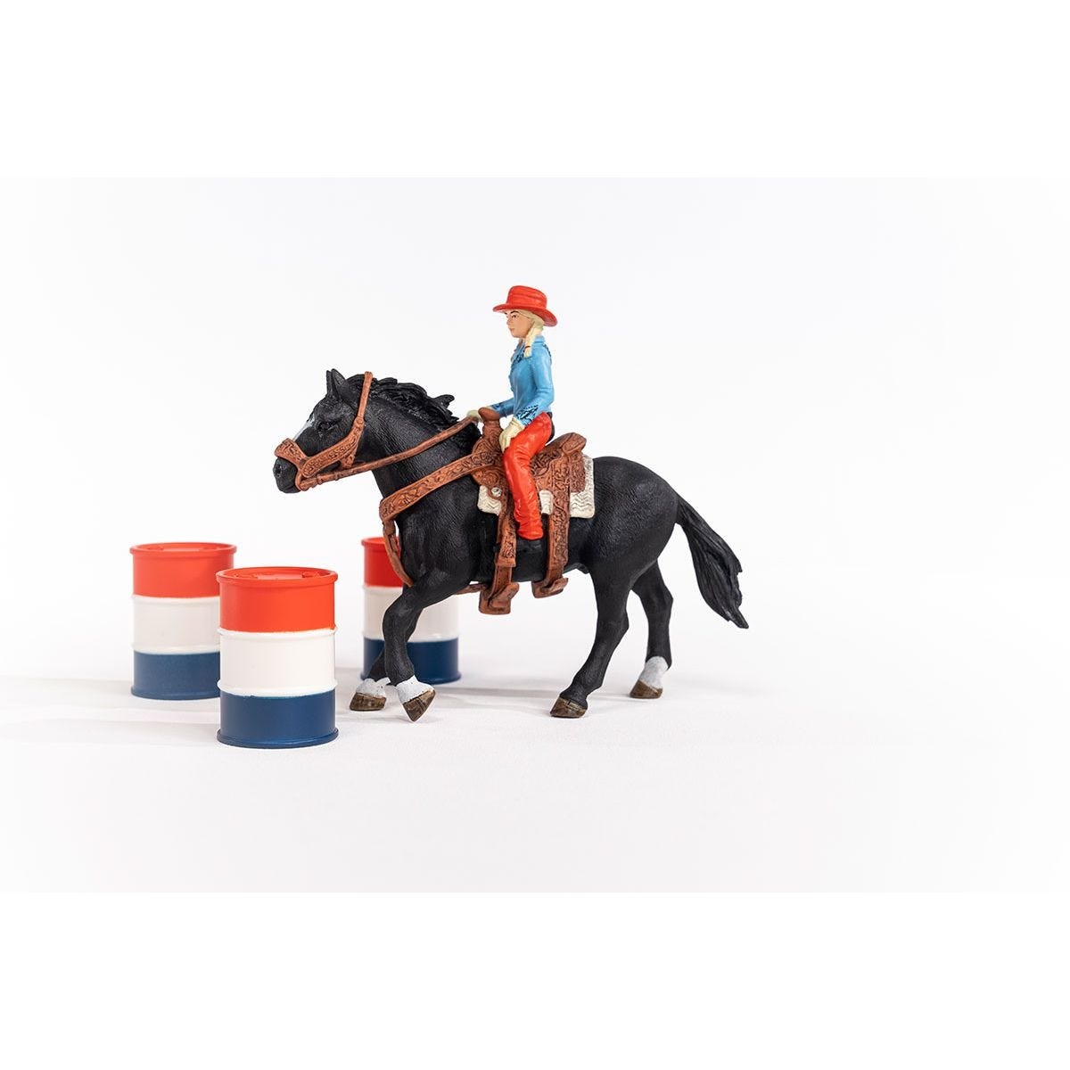 Schleich Cavallo da Rodeo con Cowgirl - Set di Gioco Barrel Racing con Stallone Appaloosa, Barili e Accessori