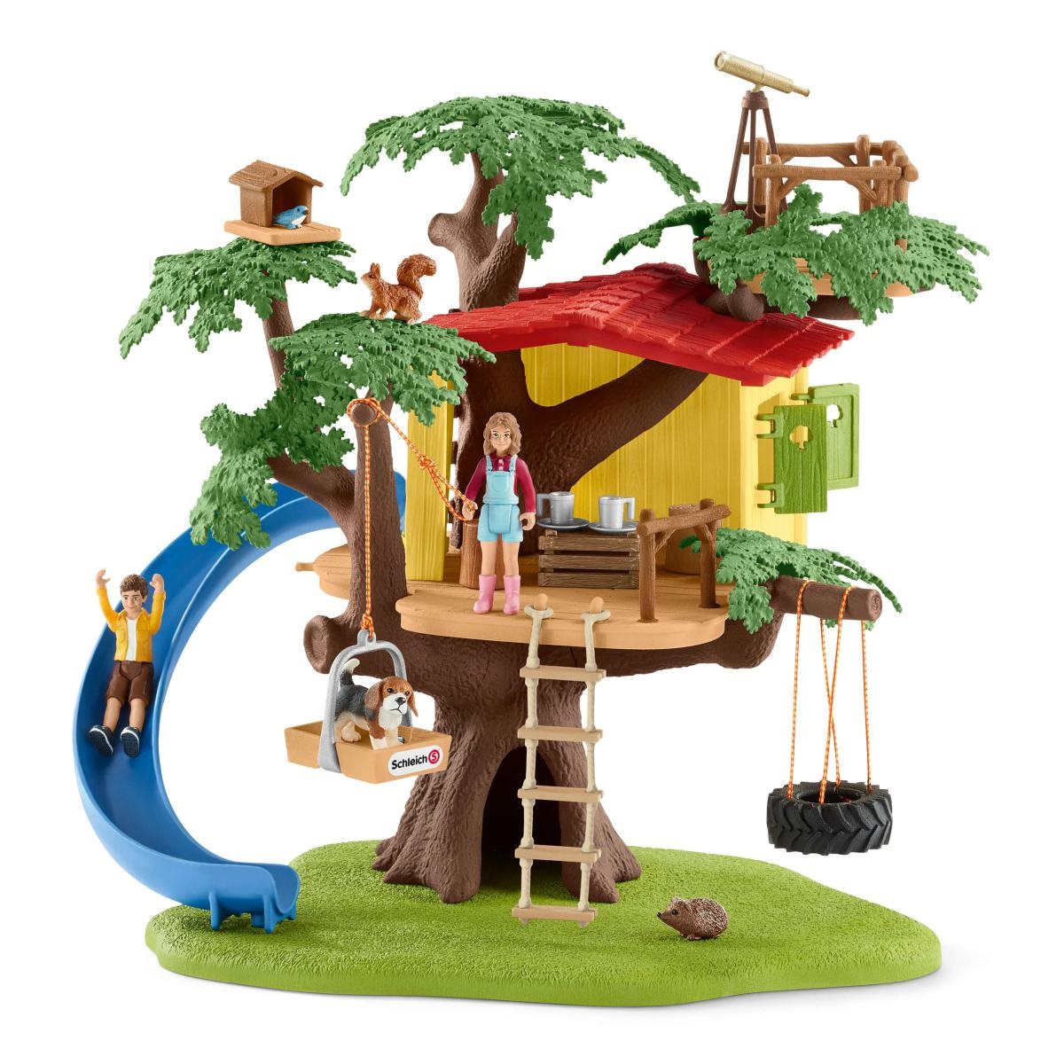 Schleich Casa sull'albero dell'avventura 42408 - Set da gioco con 2 figure umane, 4 animali e accessori