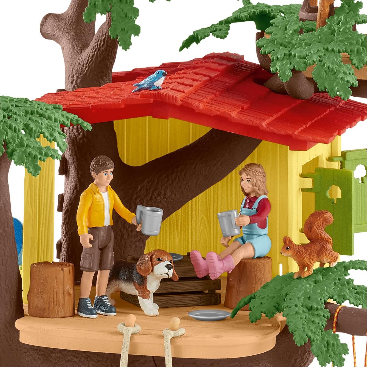 Schleich Casa sull'albero dell'avventura 42408 - Set da gioco con 2 figure umane, 4 animali e accessori